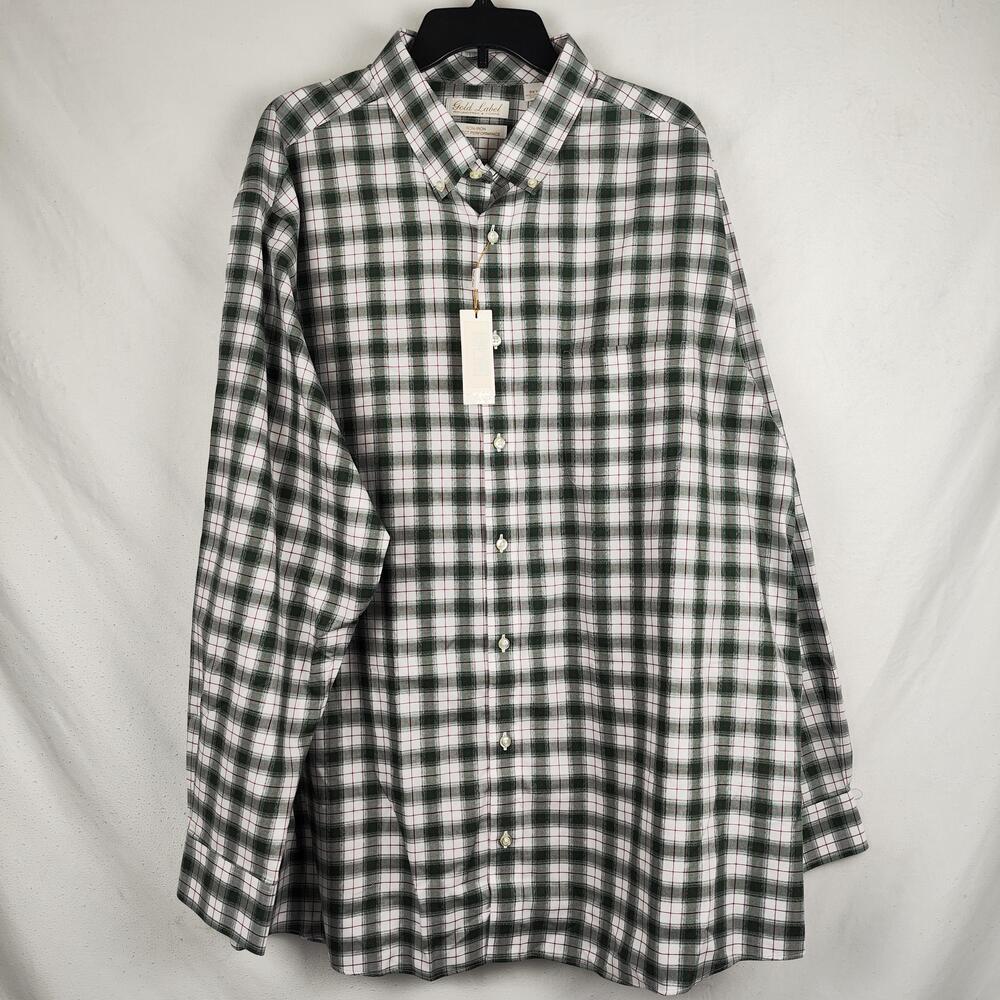 Gold Label Roundtree & Yorke Shirt Mens 2XLT Green Plaid Non Iron Long Sleeve
